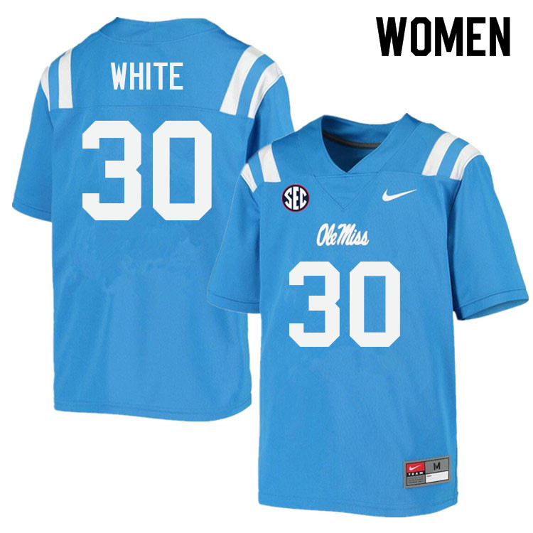 Women #30 Trip White Ole Miss Rebels College Football Jerseys Sale-Power Blue